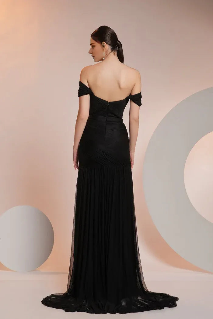 Stores With Prom Dresses Sleeveless Handmade Plisse Pure Tulle Evening Dress Off-the-shoulder Prom Dress Floor Length Formal Wear Dresses